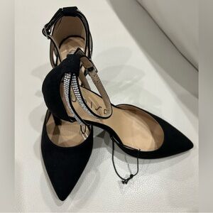 Black Suede Diamond Ankle Strap Heels 8.5